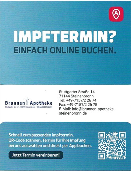 Grippeimpfung – Terminbuchung in der Brunnen-Apotheke Grippeimpfung in der Brunnen-Apotheke mit Hinweis auf die Online-Terminbuchung per QR-Code und Link.